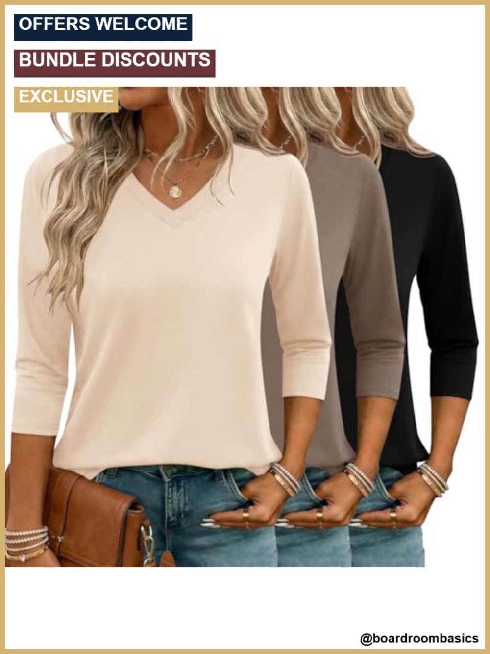 3/4 Sleeve V Neck T-Shirt Set Polyester Blend Casual Tees